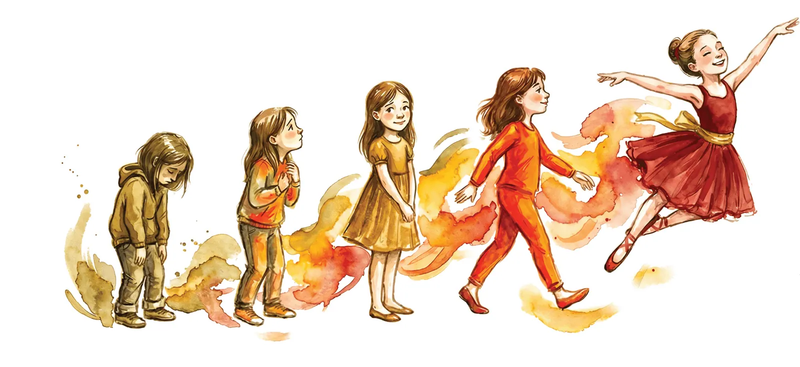 A child growing from shy and hesitant to joyful and confident, ending in a dancer's leap